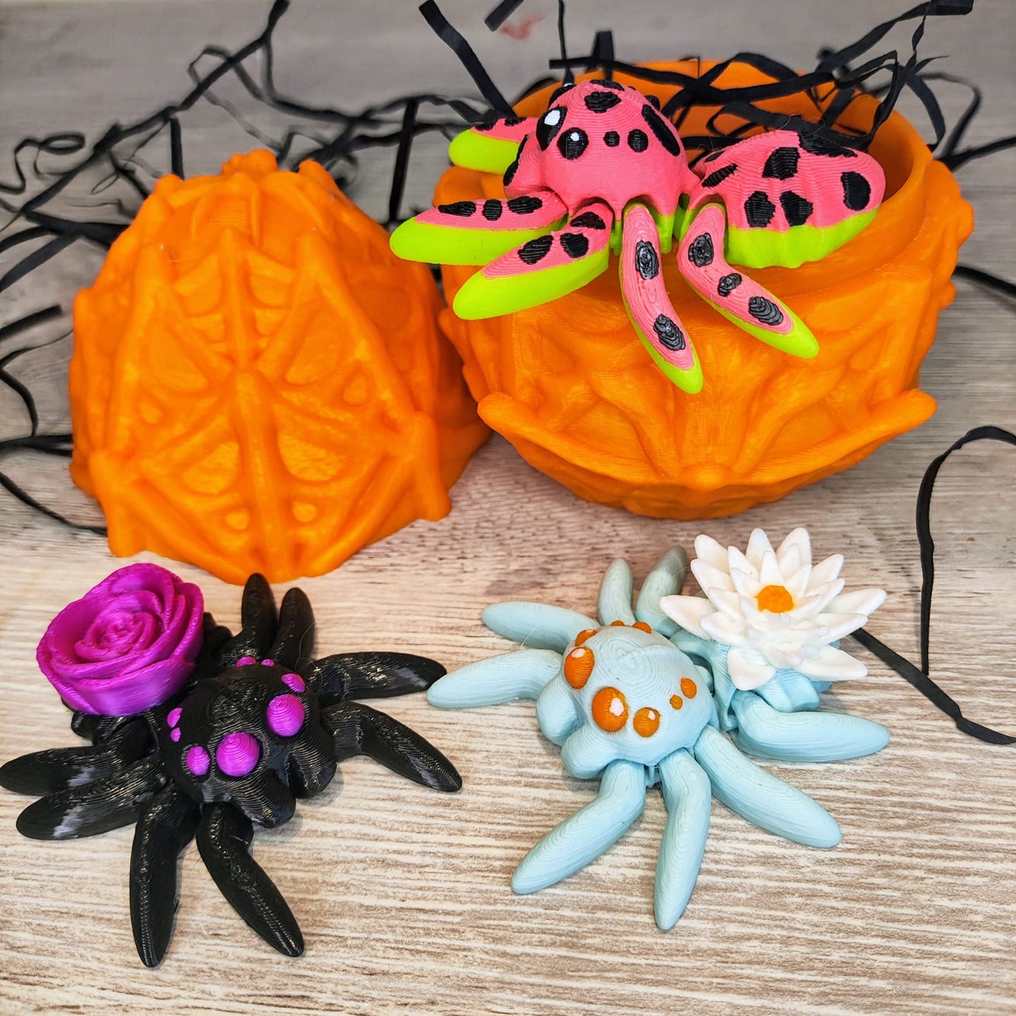 Small Mystery Spider Web Egg – 3D Printed with 3 Random Spiders