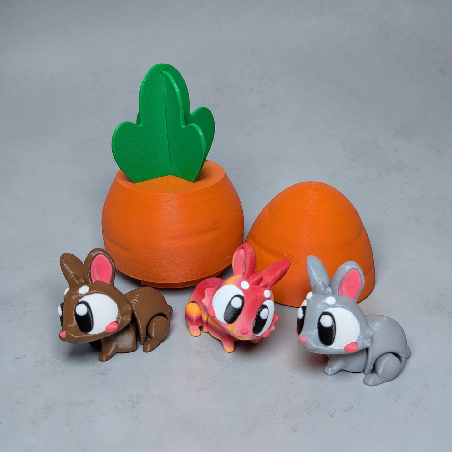 Bunny Trio in Carrot Container – 3D Printed Collectable Set